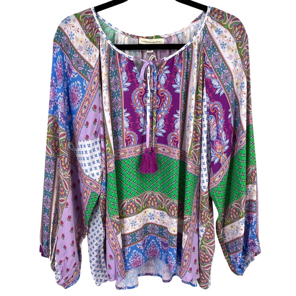Farmer's Market Paisley Patchwork Print Peasant Shirt Plus Size 3X Purple Green